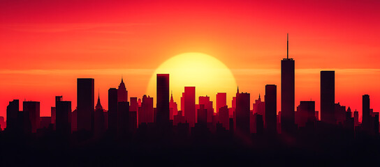 Wall Mural - Crimson Cityscape Silhouette A vibrant red sunset casts a dramatic backdrop over dark, jagged skyscraper silhouettes, evoking a sense of urban mystery and allure.