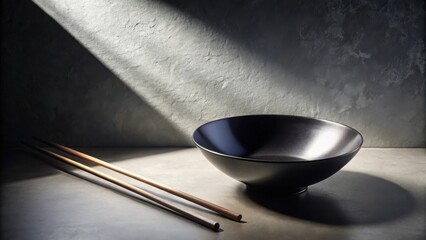 Aufkleber - A minimalist still life of a black bowl and wooden chopsticks on a concrete surface, bathed in a single ray of light.