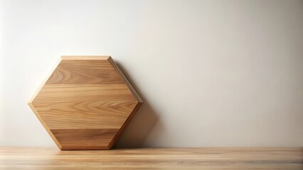 Poster - A hexagonal wooden tray on a table with a white wall background