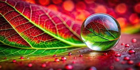 Fototapete - A transparent sphere magnifies the intricate network of veins within a green and red leaf, capturing the delicate beauty of nature in a single drop of water.