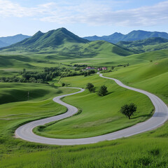 Wall Mural - Winding road in a grassy field with a tree on the side. Minimalistic background.