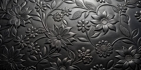Aufkleber - A close-up of black leather embossed with a floral pattern, showcasing the intricate details of the design and texture of the material.