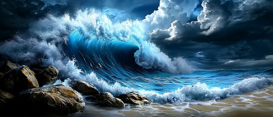 Wall Mural - Nautical and ocean-themed designs concept, A dramatic ocean wave crashes against rocks under a moody sky, showcasing the power and beauty of nature.