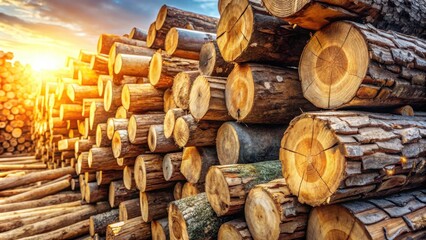 Aufkleber - A stack of timber logs, felled and piled high, bathed in the golden glow of the setting sun, a symbol of nature's bounty and the raw materials that fuel human endeavors.