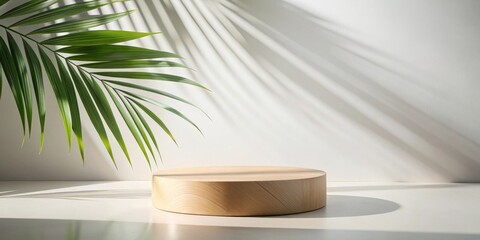 Aufkleber - A wooden pedestal with natural light and palm leaf shadows for product display