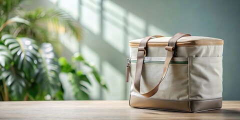 Aufkleber - A beige canvas bag with brown leather handles sits on a wooden table with a blurred background of green plants and sunlight streaming through a window