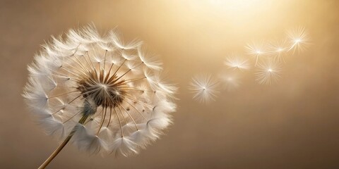 Aufkleber - A single dandelion seed head with delicate white parachutes, releasing its seeds to the wind, against a warm golden background