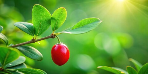 Aufkleber - A single, ripe red berry hangs delicately from a branch, surrounded by lush green leaves, bathed in the warm glow of the sun.