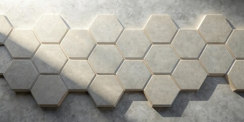 Aufkleber - A textured hexagonal pattern of beige tiles arranged in a staggered formation on a grey background with light shining through the gaps between the tiles