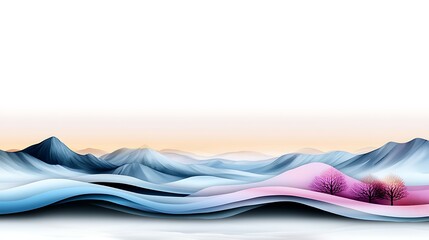 Wall Mural - Abstract landscape illustration featuring soft waves and mountains in pastel colors, evoking tranquility and serenity. Beautiful pastel watercolor pictures concept