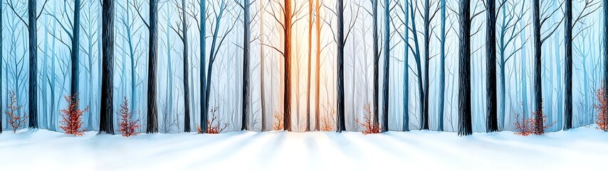 Wall Mural - A serene winter forest scene with snow-covered ground and tall trees, illuminated by soft sunlight breaking through the branches. Beautiful pastel watercolor pictures concept