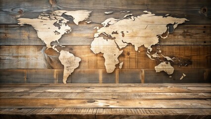 Poster - World Map Carved Into Rustic Wooden Wall With Empty Foreground