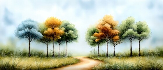 Wall Mural - a serene landscape featuring colorful trees along a winding path, surrounded by lush grass and a sof