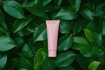 Wall Mural - Pink Cosmetic Tube on Green Leaves Background