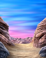 Wall Mural - A serene desert landscape with colorful rock formations under a gradient sky at dusk, creating a peaceful and vast atmosphere. Beautiful pastel watercolor pictures concept