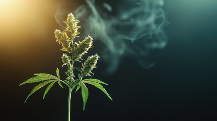 Wall Mural - Cinematic macro shot of cannabis plant with smoke, showcasing vibrant buds and leaves. image evokes sense of tranquility and nature beauty