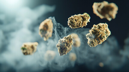 Wall Mural - Cinematic macro shot of multiple cannabis buds floating in smoke, showcasing intricate details and textures. image evokes sense of tranquility and allure