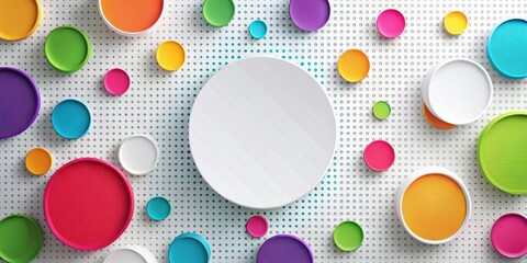 Fototapete - Colorful Circles on a White Perforated Surface with a Large White Circle in the Center