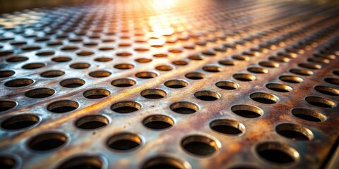 Fototapete - Close-up of a rusted metallic surface with a repeating pattern of circular holes, illuminated by a soft, warm light.