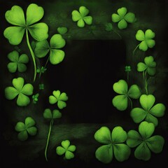 border frame green clovers on black background with copy space; st patrick's day holiday concept