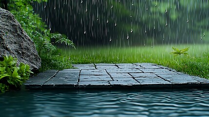 Wall Mural - a serene landscape featuring rain falling on stone tiles, reflecting in a calm pool of water, surrou