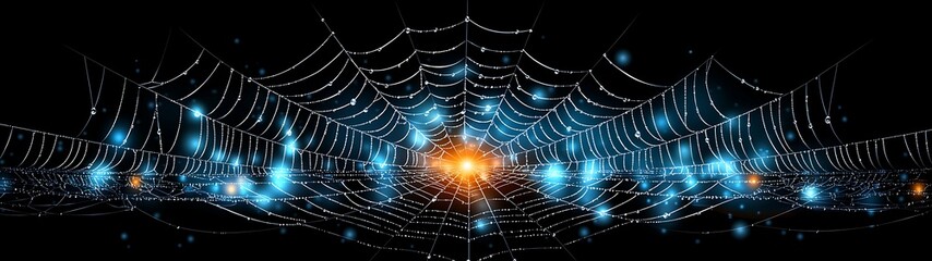 A shimmering spider web glistens with droplets of water against a dark background, illuminated by a warm light source, creating an enchanting visual effect. calming rhythms serenity patterns concept