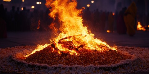 Bright flames of an outdoor fire pit during a celebration.