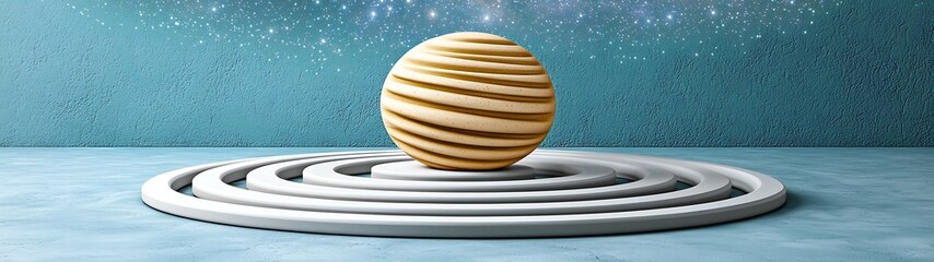 Poster - A wooden sphere rests on a circular maze against a textured blue background, creating a serene and abstract visual representation. calming rhythms serenity patterns concept