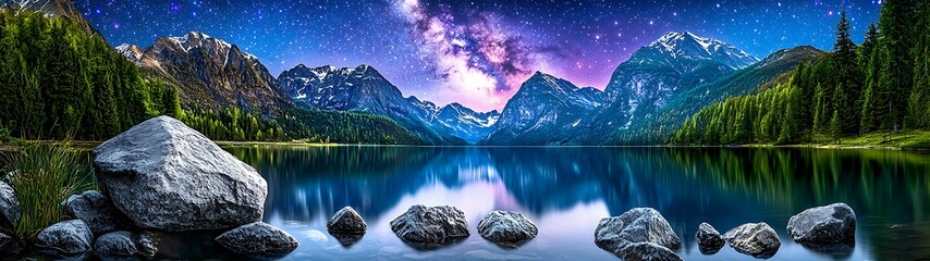 Wall Mural - A breathtaking night landscape featuring a tranquil lake, majestic mountains, and a starry sky with vibrant colors. calming rhythms serenity patterns concept