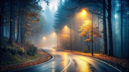 Poster - A winding road through a foggy forest illuminated by lampposts casting a golden glow on the autumn leaves
