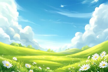 Wall Mural - Whimsical Spring Meadow Landscape Illustration