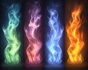 Poster - Four vertical columns of vibrant, stylized flames in green, pink, blue, and orange.