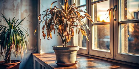 Aufkleber - A solitary dried plant in a terracotta pot sits on a wooden windowsill, bathed in the soft glow of the afternoon sun, a stark contrast to the vibrant greenery of the plant outside the window.