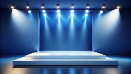 Poster - A white podium illuminated by a series of bright blue spotlights against a backdrop of a deep blue wall