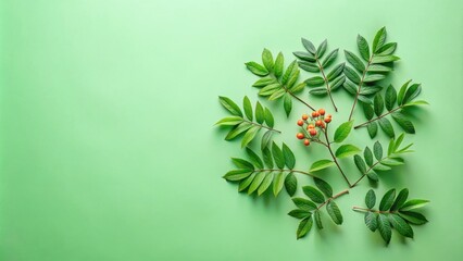 Poster - A cluster of vibrant red berries surrounded by lush green leaves arranged against a solid green background.