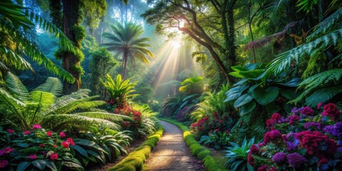 Poster - A Path Through a Lush Green Forest with Sunbeams Piercing Through the Canopy and Colorful Flowers Dotting the Landscape