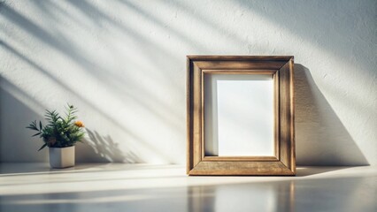 Poster - A simple wooden frame sits on a clean white surface, bathed in soft sunlight streaming through a window, creating long, dramatic shadows on the wall.