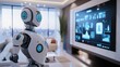 © MutshI - Smart home integrated humanoid robot managing home automation systems from a central control room, Home Automation Robotics style, photo of