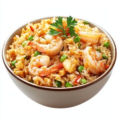 Wall Mural - Delicious Shrimp Fried Rice with Fresh Vegetables in a Bowl Garnished with a Green Herb