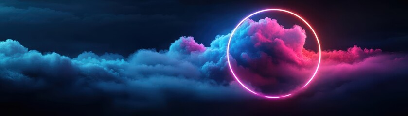 Aufkleber - Vibrant Neon Circle Illuminating the Clouds at Dusk Creating a Dreamlike Atmosphere of Wonder and Mystery in a Celestial Evening Sky