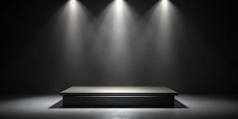 Fototapete - A minimalist black stage with three spotlights illuminating a blank platform, ready for your product or design