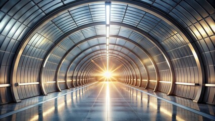 Aufkleber - A futuristic tunnel bathed in the warm glow of the setting sun, with a pathway leading toward a bright horizon.