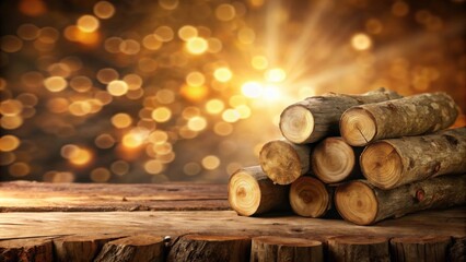Aufkleber - A Stack of Wooden Logs on a Rustic Tabletop with a Warm Golden Bokeh Background