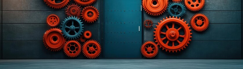 Aufkleber - Intricate Door Featuring Vibrant Orange Gears Symbolizing Creativity and Innovation Against a Rich Textured Background Evoking Intrigue and Curiosity