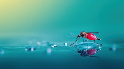 Poster - A Delicate Mosquito Resting on a Tranquil Water Surface Surrounded by Soft Reflections Evoking a Sense of Calm and Natural Beauty in the Wild