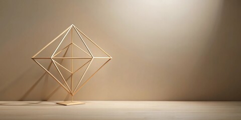 Fototapete - A geometric wooden sculpture stands on a wooden surface against a neutral background casting a shadow on the surface