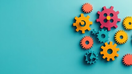 Poster - Vibrant Colorful Gears Arranged Artistically on a Bright Blue Background Creating a Playful and Engaging Visual Composition for Creative Inspiration