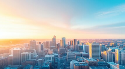 Poster - Vibrant City Skyline Silhouetted Against a Bright Orange Sunset with Towering Buildings Creating a Striking Urban Landscape and Captivating Atmosphere