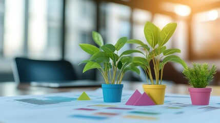 Aufkleber - Charming Display of Three Vibrant Green Plants in Small Decorative Pots Arranged Neatly on a Wooden Table Creating a Cozy Indoor Ambiance