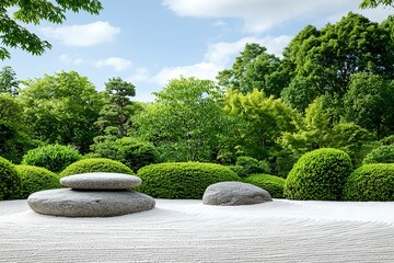 Wall Mural - Tranquil Zen Garden: Stones, Sand, and Lush Greenery Under a Serene Sky